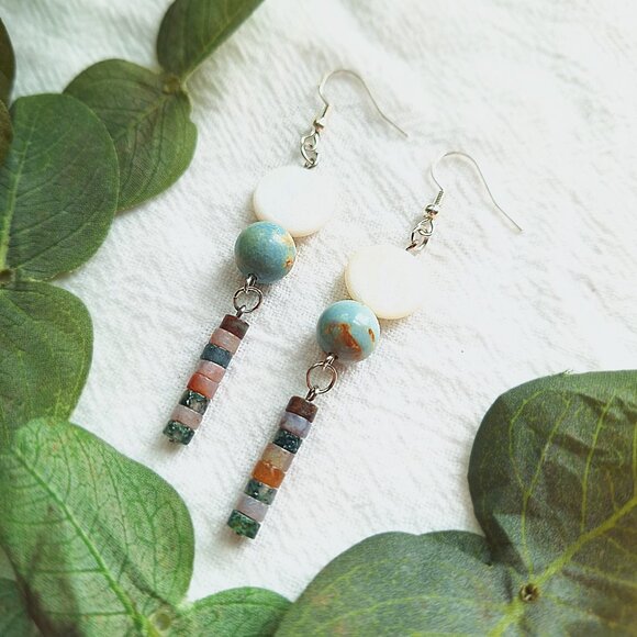 Mother of Pearl & Jasper Earrings – Coastal Boho Dangle Earrings, Handmade - Picture 9 of 10